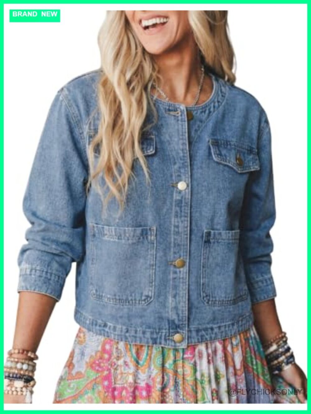 Omoone Collarless Denim Jacket Crop Button Down Casual Fall Coat